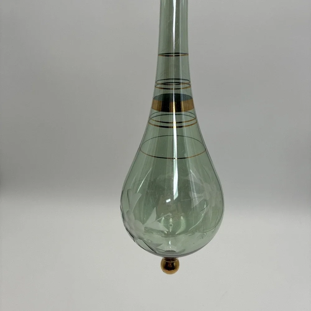 Vintage Egyptian Hand Blown Glass Ornament Green Etched Floral Gold Trim 9.75